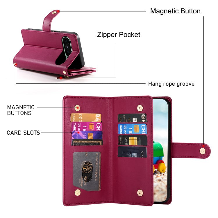 DF-011 For Google Pixel 9 / Pixel 9 Pro Case Multiple Card Slots Zipper PU Leather Phone Cover - Red