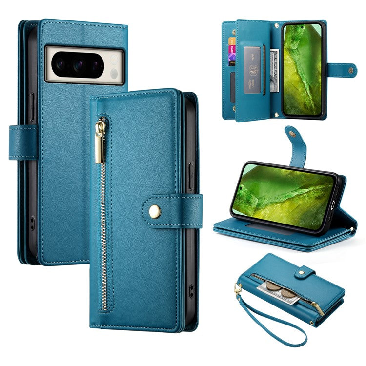 DF-011 For Google Pixel 8a Case Zipper Pocket Stand Leather Phone Cover with Shoulder Strap - Blue
