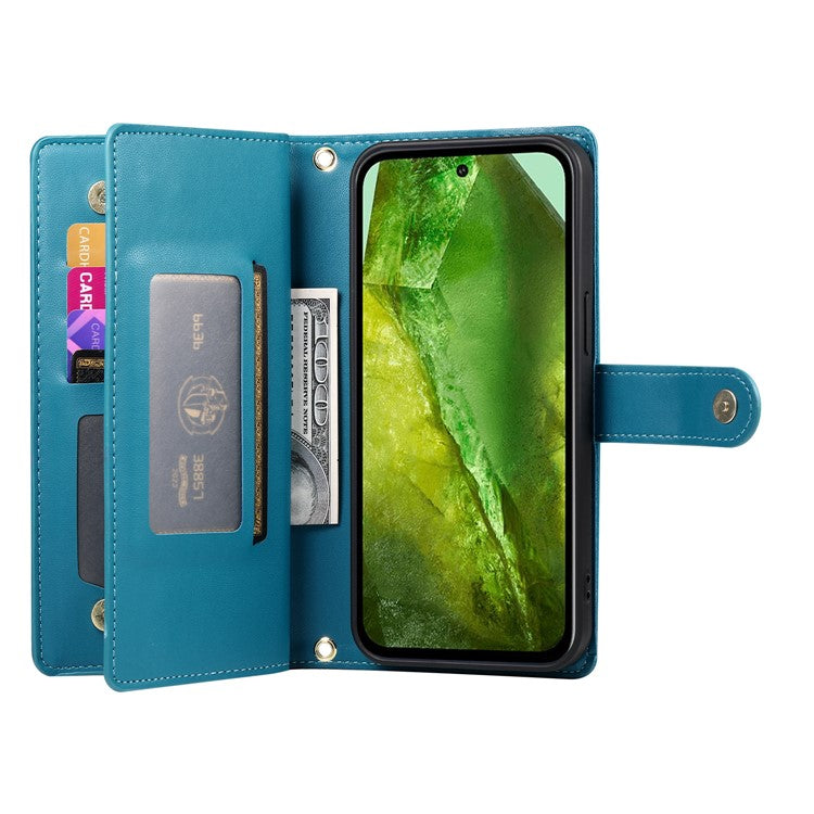 DF-011 For Google Pixel 8a Case Zipper Pocket Stand Leather Phone Cover with Shoulder Strap - Blue