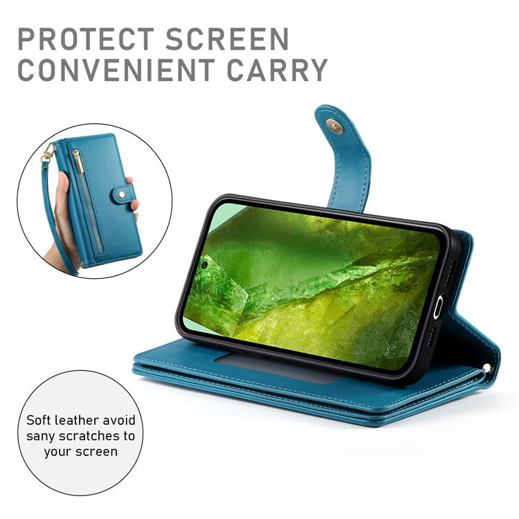 DF-011 For Google Pixel 8a Case Zipper Pocket Stand Leather Phone Cover with Shoulder Strap - Blue