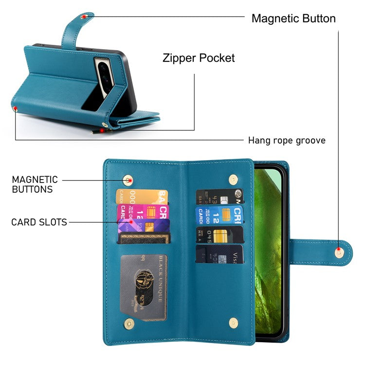 DF-011 For Google Pixel 8a Case Zipper Pocket Stand Leather Phone Cover with Shoulder Strap - Blue