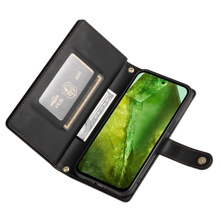 DF-011 For Google Pixel 8a Case Zipper Pocket Stand Leather Phone Cover with Shoulder Strap - Black