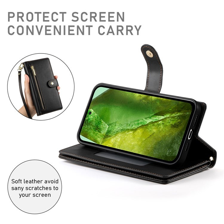 DF-011 For Google Pixel 8a Case Zipper Pocket Stand Leather Phone Cover with Shoulder Strap - Black