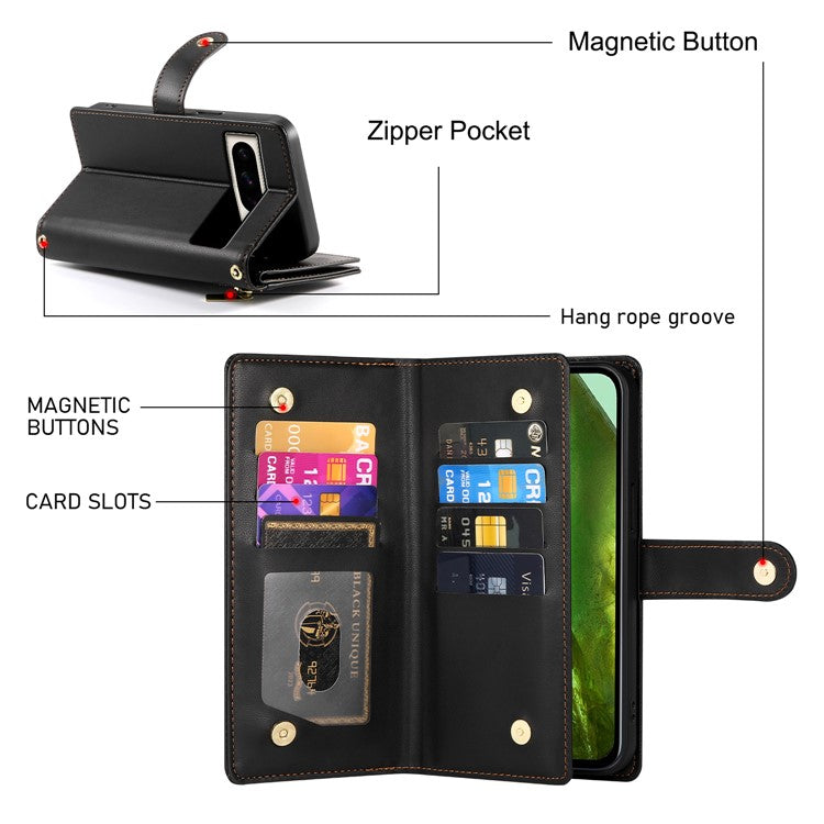 DF-011 For Google Pixel 8a Case Zipper Pocket Stand Leather Phone Cover with Shoulder Strap - Black