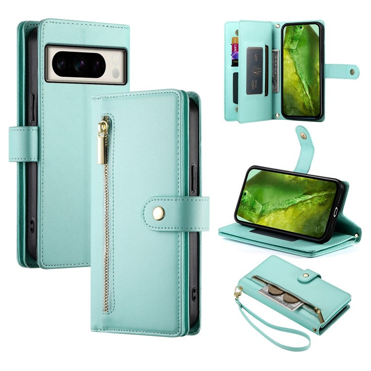 DF-011 For Google Pixel 8a Case Zipper Pocket Stand Leather Phone Cover with Shoulder Strap - Mint Green