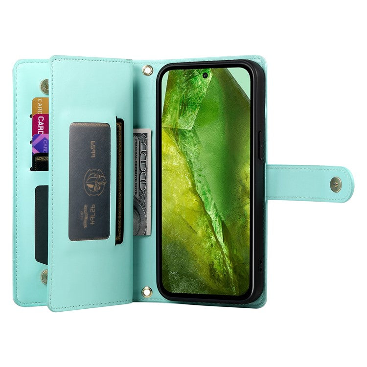 DF-011 For Google Pixel 8a Case Zipper Pocket Stand Leather Phone Cover with Shoulder Strap - Mint Green