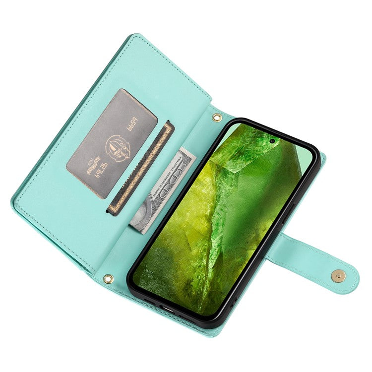 DF-011 For Google Pixel 8a Case Zipper Pocket Stand Leather Phone Cover with Shoulder Strap - Mint Green