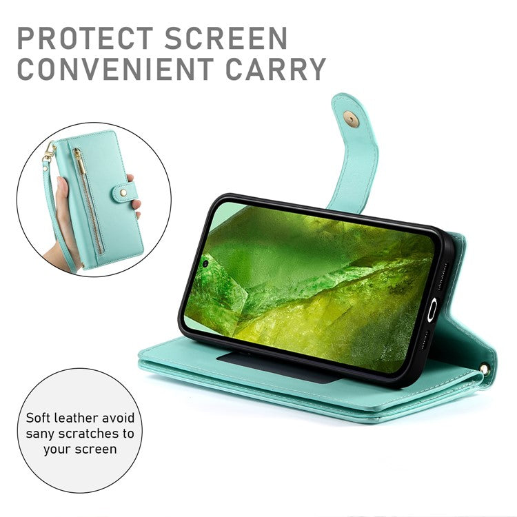 DF-011 For Google Pixel 8a Case Zipper Pocket Stand Leather Phone Cover with Shoulder Strap - Mint Green