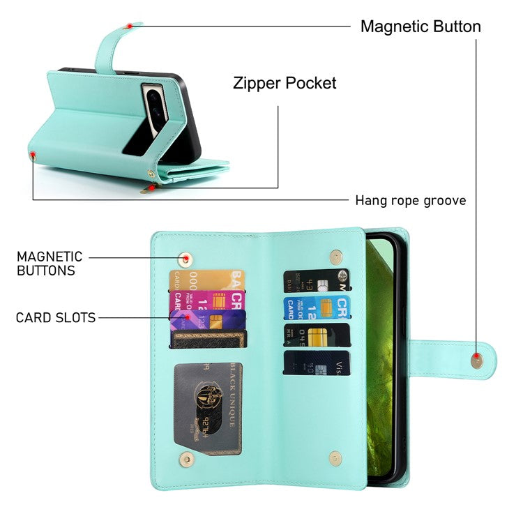 DF-011 For Google Pixel 8a Case Zipper Pocket Stand Leather Phone Cover with Shoulder Strap - Mint Green