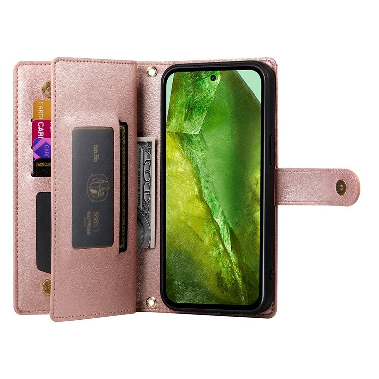 DF-011 For Google Pixel 8a Case Zipper Pocket Stand Leather Phone Cover with Shoulder Strap - Pink