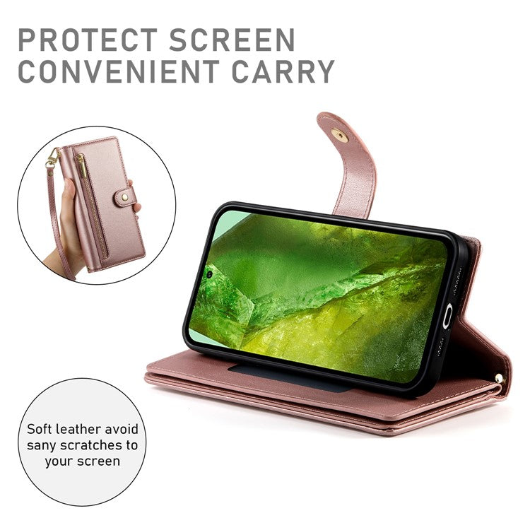 DF-011 For Google Pixel 8a Case Zipper Pocket Stand Leather Phone Cover with Shoulder Strap - Pink