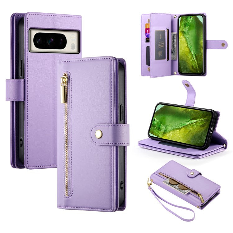 DF-011 For Google Pixel 8a Case Zipper Pocket Stand Leather Phone Cover with Shoulder Strap - Purple