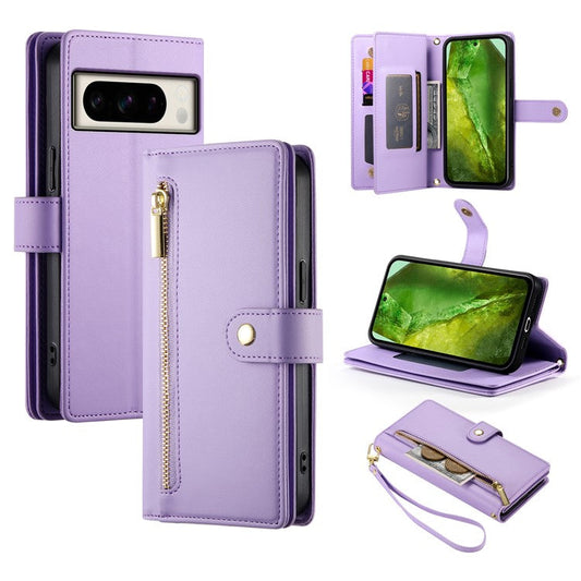 DF-011 For Google Pixel 8a Case Zipper Pocket Stand Leather Phone Cover with Shoulder Strap - Purple