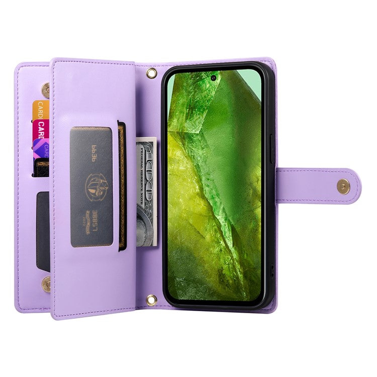 DF-011 For Google Pixel 8a Case Zipper Pocket Stand Leather Phone Cover with Shoulder Strap - Purple