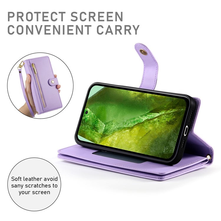 DF-011 For Google Pixel 8a Case Zipper Pocket Stand Leather Phone Cover with Shoulder Strap - Purple