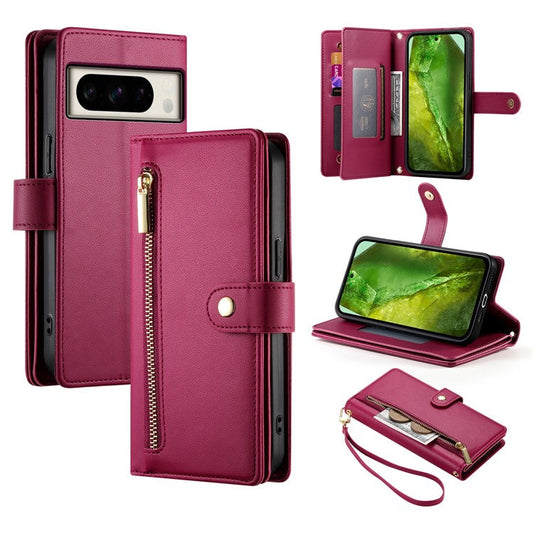 DF-011 For Google Pixel 8a Case Zipper Pocket Stand Leather Phone Cover with Shoulder Strap - Red