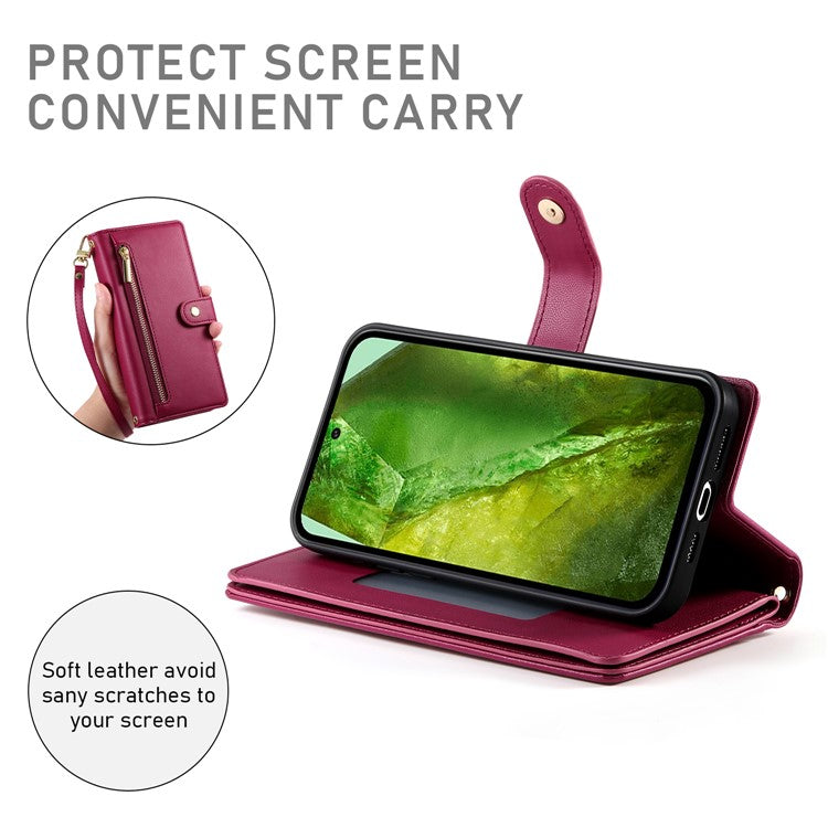 DF-011 For Google Pixel 8a Case Zipper Pocket Stand Leather Phone Cover with Shoulder Strap - Red