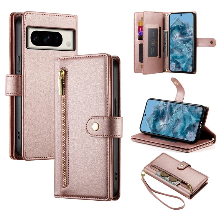 DF-011 For Google Pixel 8 Pro Case Card Slots PU Leather Zipper Pocket Phone Cover - Pink