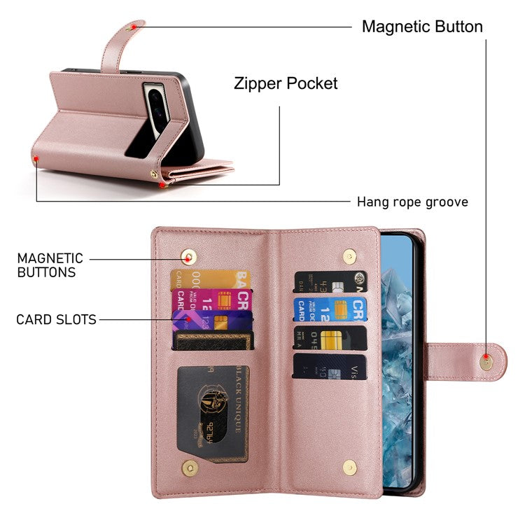 DF-011 For Google Pixel 8 Pro Case Card Slots PU Leather Zipper Pocket Phone Cover - Pink