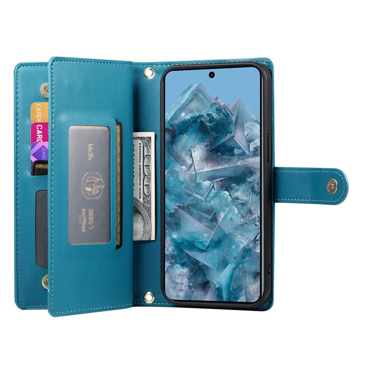 DF-011 For Google Pixel 8 Pro Case Card Slots PU Leather Zipper Pocket Phone Cover - Blue