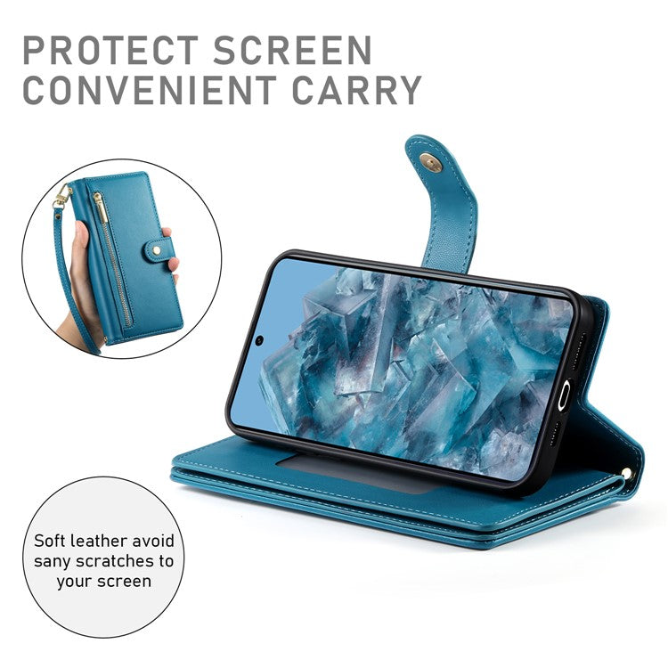 DF-011 For Google Pixel 8 Pro Case Card Slots PU Leather Zipper Pocket Phone Cover - Blue