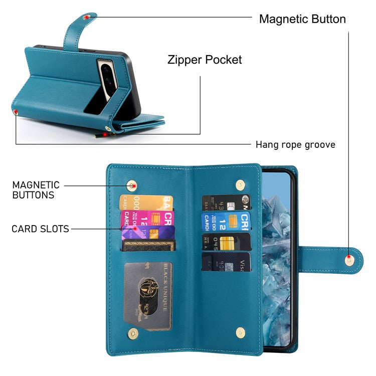 DF-011 For Google Pixel 8 Pro Case Card Slots PU Leather Zipper Pocket Phone Cover - Blue