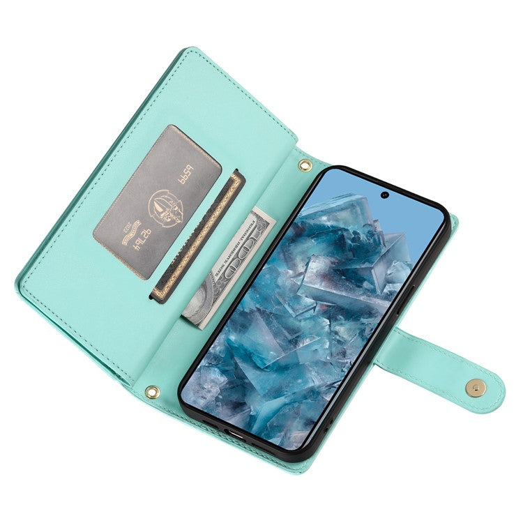 DF-011 For Google Pixel 8 Pro Case Card Slots PU Leather Zipper Pocket Phone Cover - Mint Green