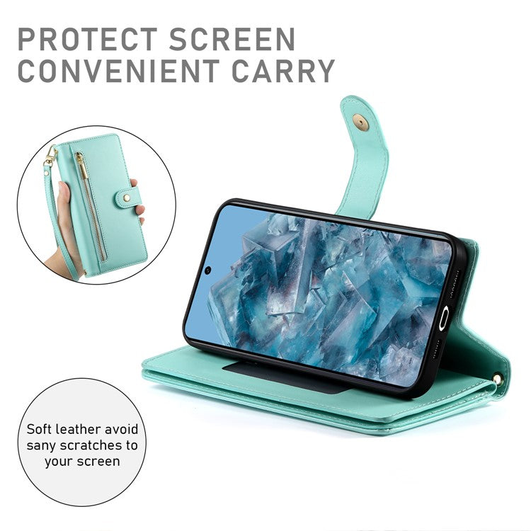 DF-011 For Google Pixel 8 Pro Case Card Slots PU Leather Zipper Pocket Phone Cover - Mint Green