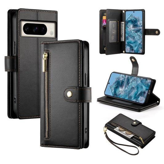 DF-011 For Google Pixel 8 Pro Case Card Slots PU Leather Zipper Pocket Phone Cover - Black