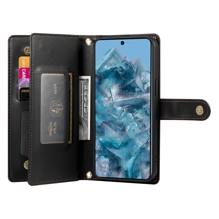 DF-011 For Google Pixel 8 Pro Case Card Slots PU Leather Zipper Pocket Phone Cover - Black