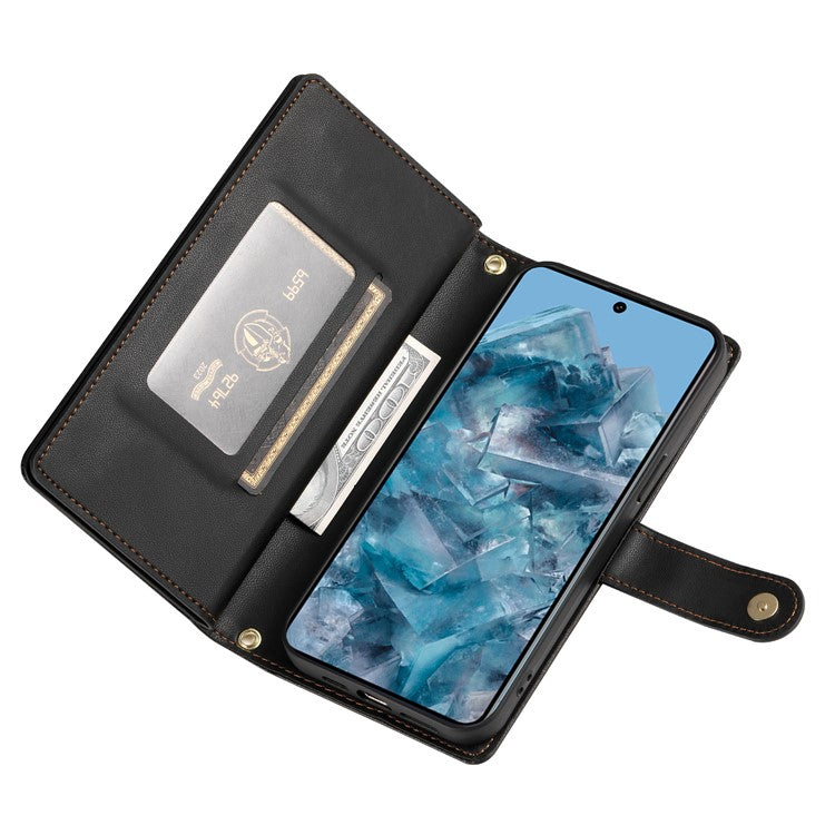 DF-011 For Google Pixel 8 Pro Case Card Slots PU Leather Zipper Pocket Phone Cover - Black
