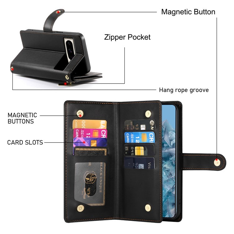 DF-011 For Google Pixel 8 Pro Case Card Slots PU Leather Zipper Pocket Phone Cover - Black