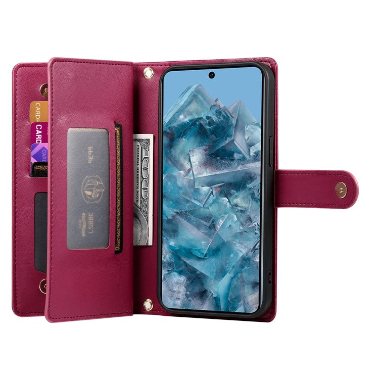 DF-011 For Google Pixel 8 Pro Case Card Slots PU Leather Zipper Pocket Phone Cover - Red