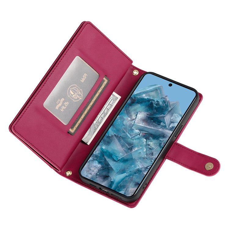 DF-011 For Google Pixel 8 Pro Case Card Slots PU Leather Zipper Pocket Phone Cover - Red