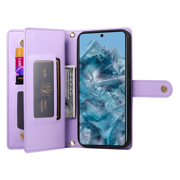 DF-011 For Google Pixel 8 Pro Case Card Slots PU Leather Zipper Pocket Phone Cover - Purple