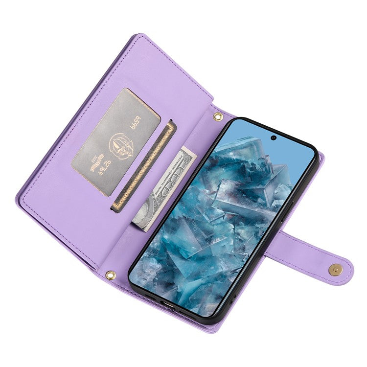 DF-011 For Google Pixel 8 Pro Case Card Slots PU Leather Zipper Pocket Phone Cover - Purple
