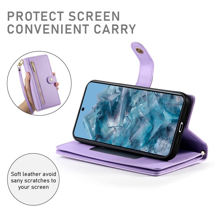 DF-011 For Google Pixel 8 Pro Case Card Slots PU Leather Zipper Pocket Phone Cover - Purple