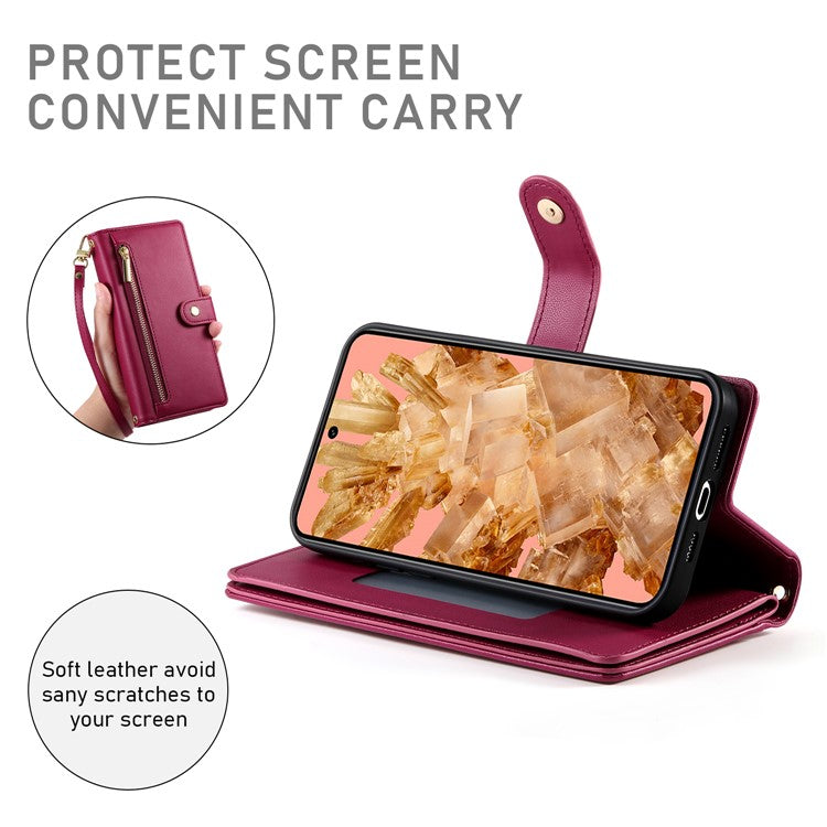 DF-011 For Google Pixel 8 Case Crossbody Leather Phone Cover with Zipper Wallet Card Slots - Red