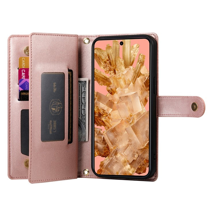 DF-011 For Google Pixel 8 Case Crossbody Leather Phone Cover with Zipper Wallet Card Slots - Pink