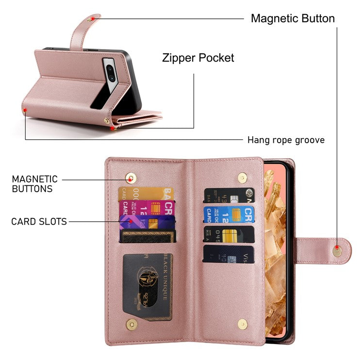 DF-011 For Google Pixel 8 Case Crossbody Leather Phone Cover with Zipper Wallet Card Slots - Pink