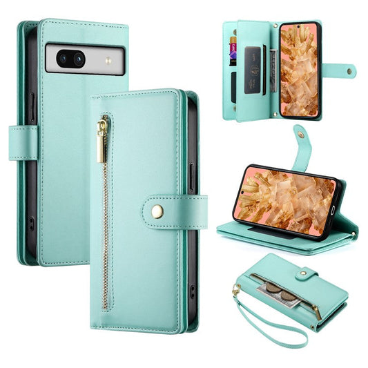 DF-011 For Google Pixel 8 Case Crossbody Leather Phone Cover with Zipper Wallet Card Slots - Mint Green