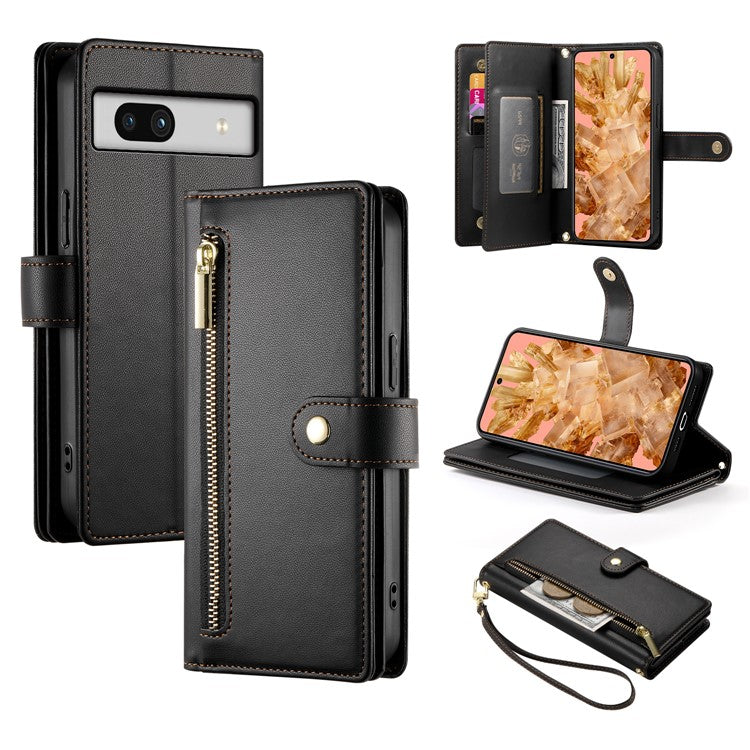 DF-011 For Google Pixel 8 Case Crossbody Leather Phone Cover with Zipper Wallet Card Slots - Black