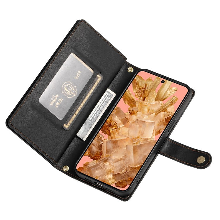 DF-011 For Google Pixel 8 Case Crossbody Leather Phone Cover with Zipper Wallet Card Slots - Black