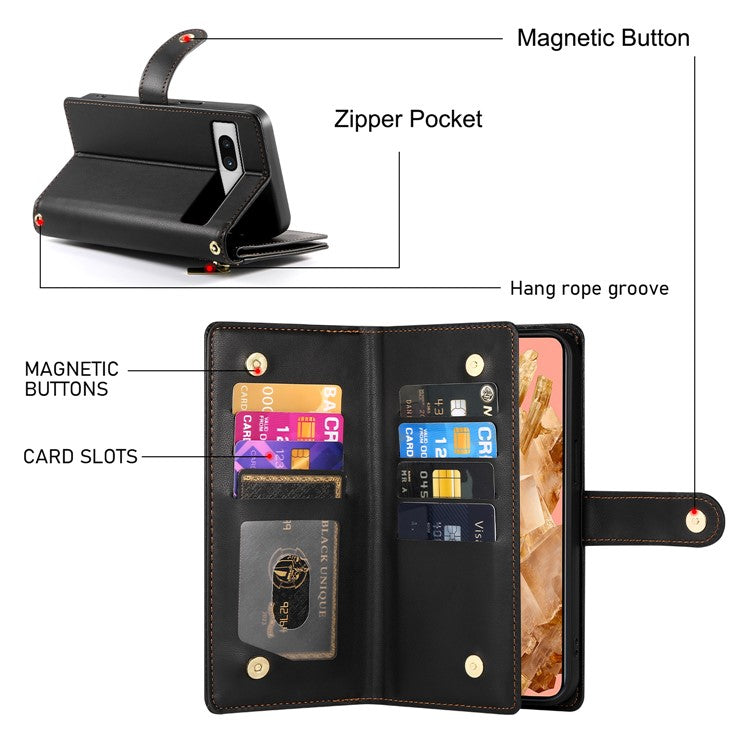 DF-011 For Google Pixel 8 Case Crossbody Leather Phone Cover with Zipper Wallet Card Slots - Black