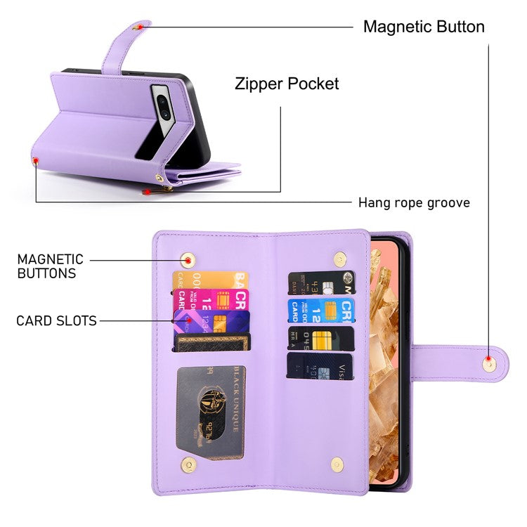 DF-011 For Google Pixel 8 Case Crossbody Leather Phone Cover with Zipper Wallet Card Slots - Purple