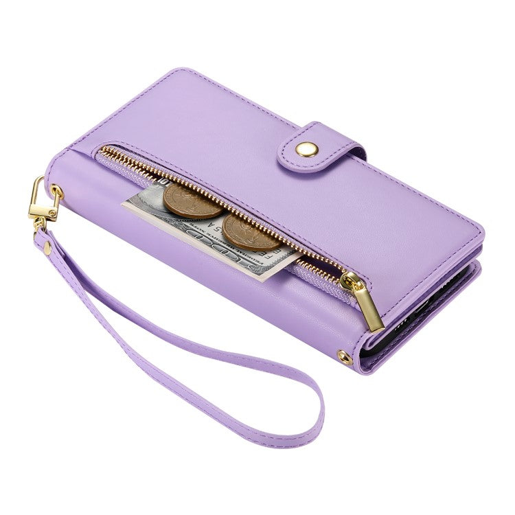 DF-011 For Google Pixel 8 Case Crossbody Leather Phone Cover with Zipper Wallet Card Slots - Purple