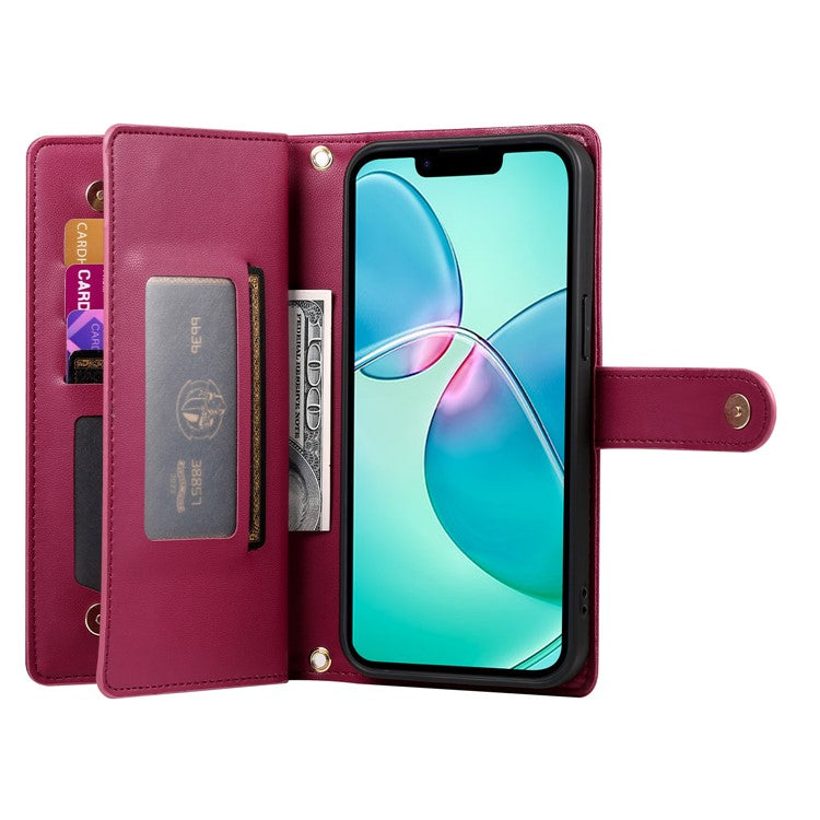 DF-011 For iPhone 16e Case Zipper Wallet PU Leather Crossbody Phone Bag - Red