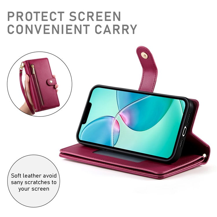 DF-011 For iPhone 16e Case Zipper Wallet PU Leather Crossbody Phone Bag - Red