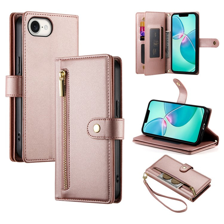 DF-011 For iPhone 16e Case Zipper Wallet PU Leather Crossbody Phone Bag - Pink