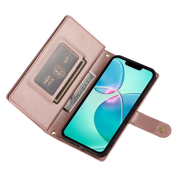 DF-011 For iPhone 16e Case Zipper Wallet PU Leather Crossbody Phone Bag - Pink